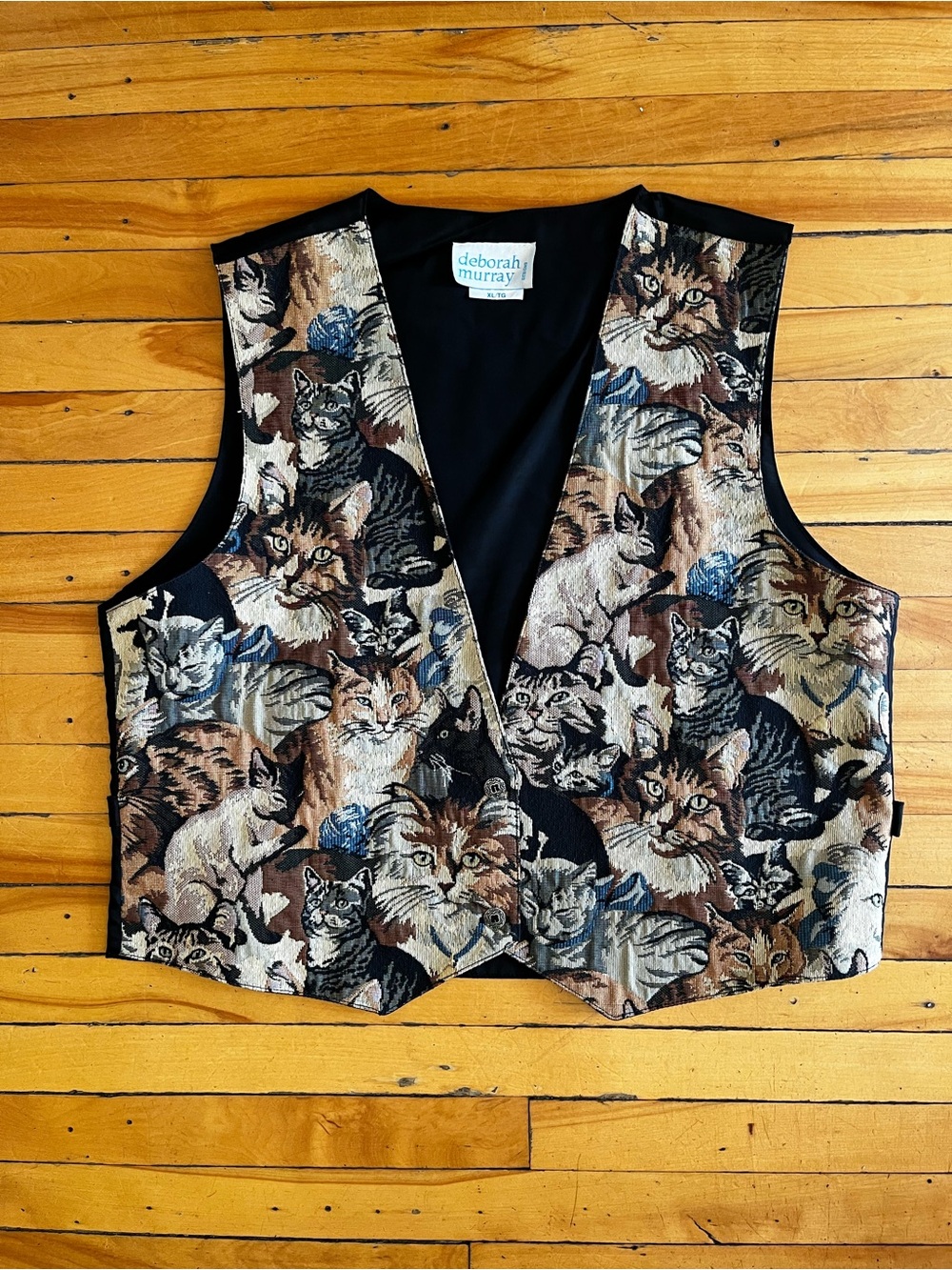 Miaou! Vintage 90s Cat Tapestry Vest by Deborah Murray XL Whimsigoth Cottagecore